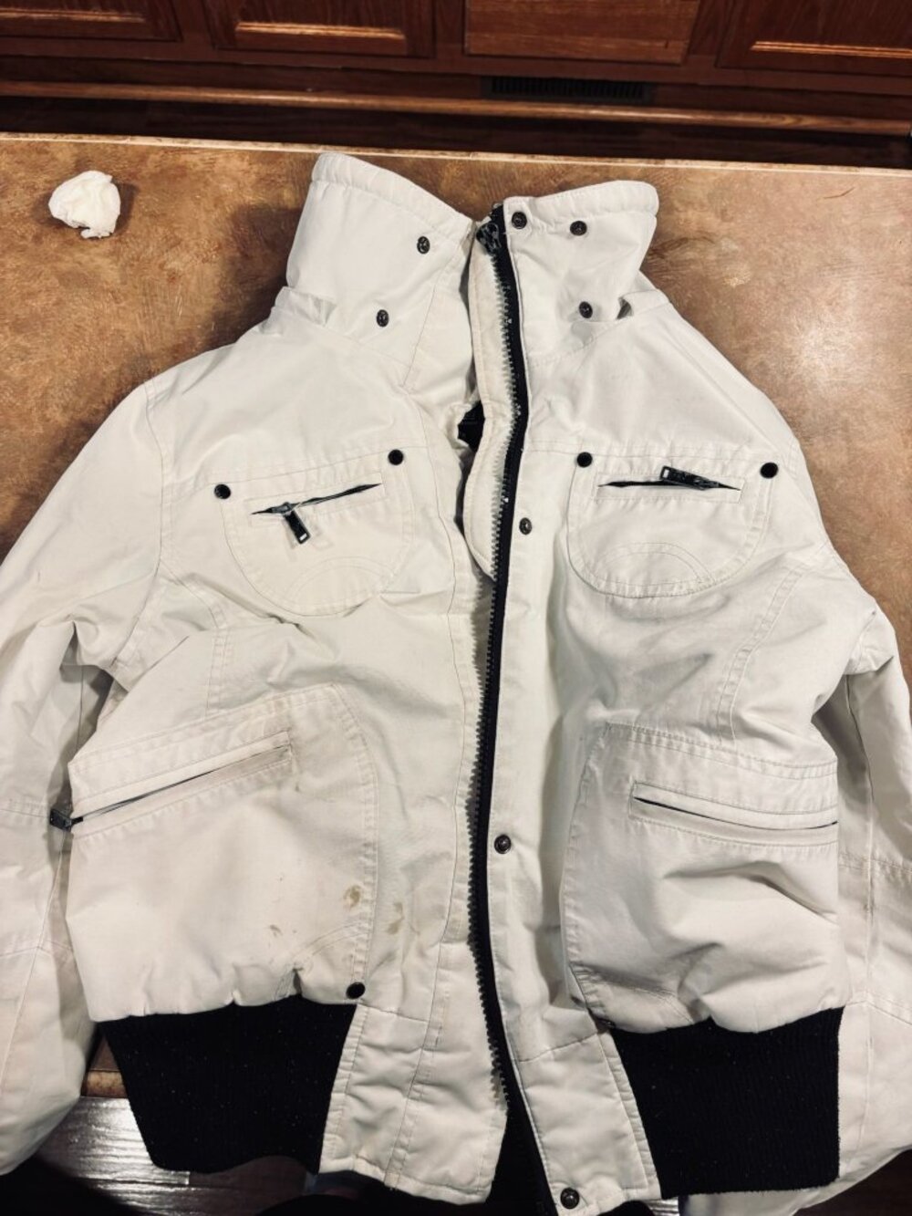 Noize White Puffer Jacket With Black Ribbed Hem Zip Closures & Embroidered Sleev